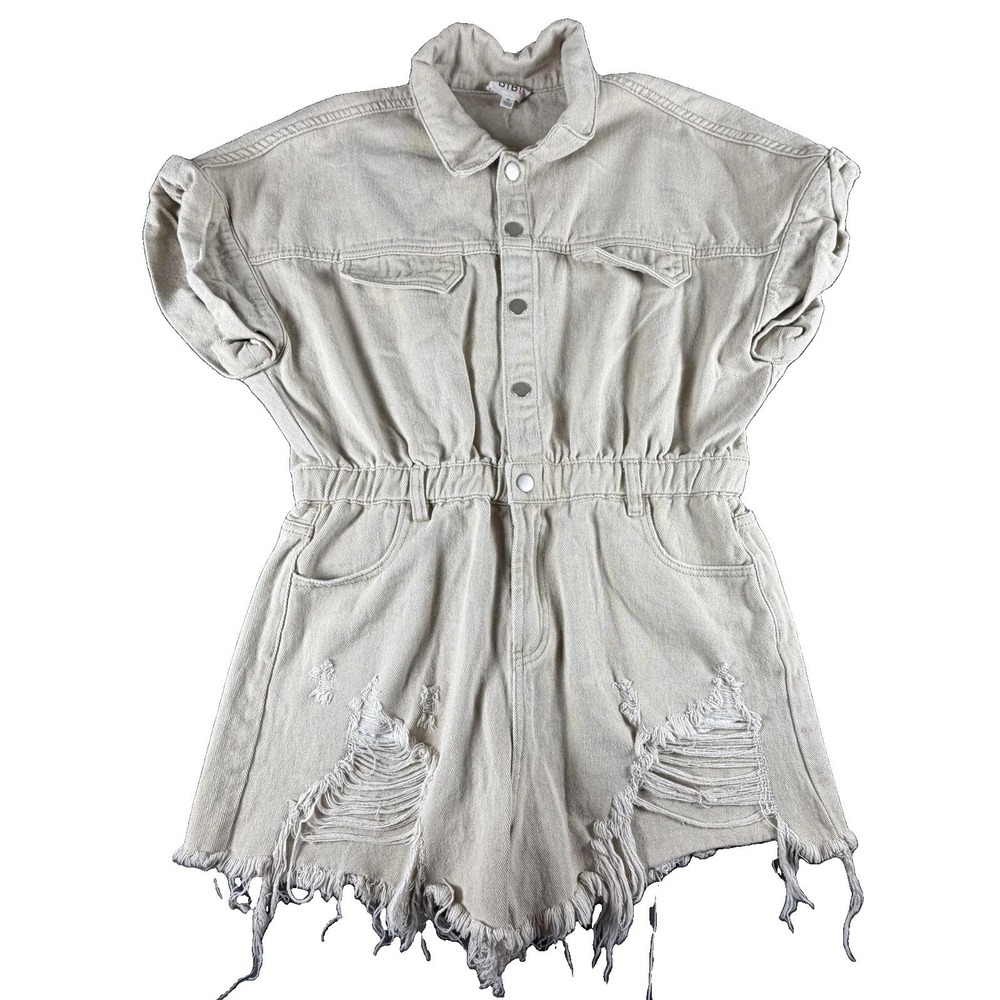 BiBi Romper Womens XL Beige Denim Short Sleeve Distressed Fringe One Piece
